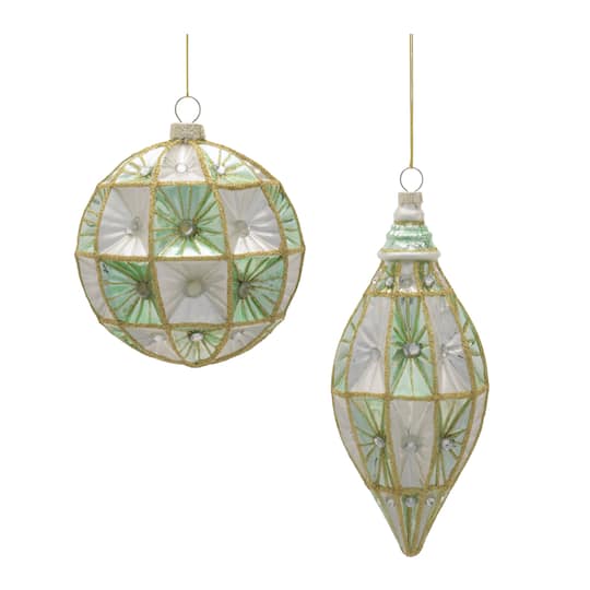 Melrose Green & Silver Glass Ornament Set